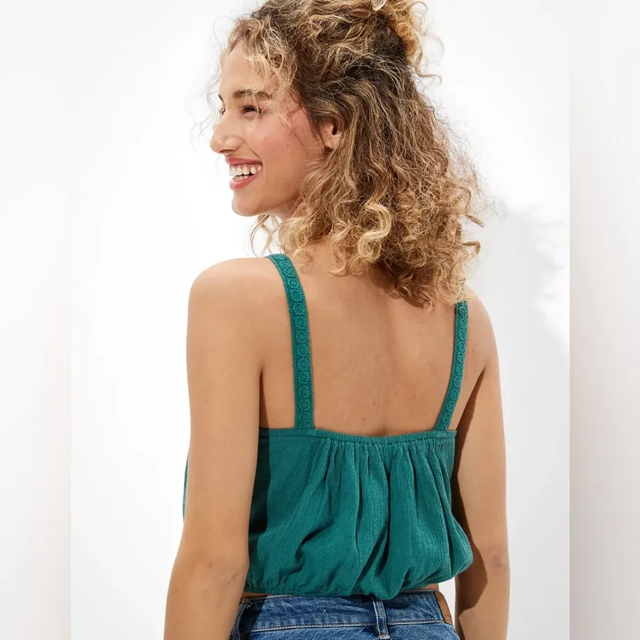 American Eagle Women’s Embroidered Floral Tank Cami Size Small Teal Boho Cropped - Image 2