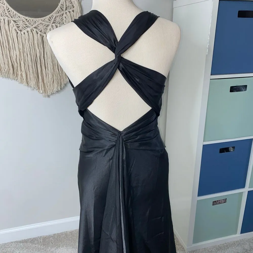 Vintage 90s La Femme Black Satin Criss Cross Cape Back Formal Gown Long Dress 6 - Image 4