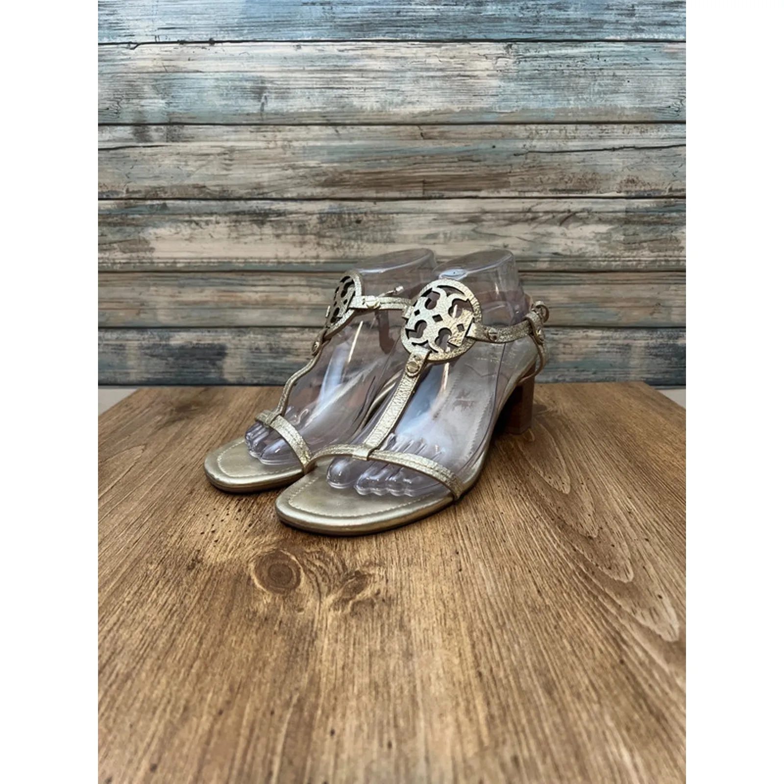 Tory Burch Gold Flake Leather Miller Block Heel Sandals - Image 2