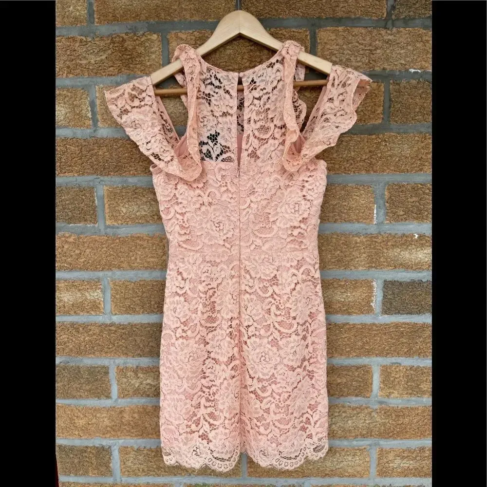 NBD Peach Allover Lace Cold Shoulder Dress small - Image 10