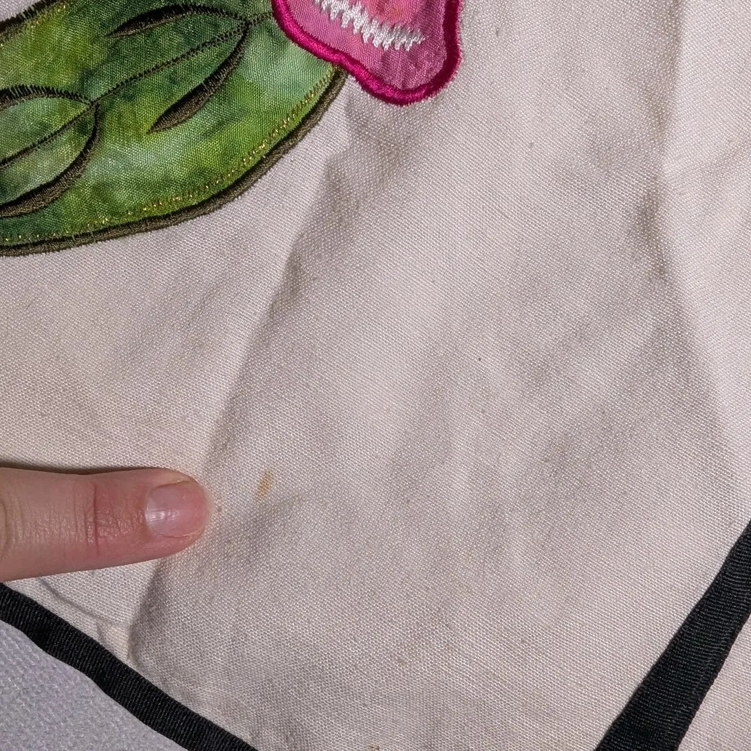 Vtg Y2K Indigo Moon Ivory Pink Floral Applique Black Piping Collarless Jacket S - Image 3