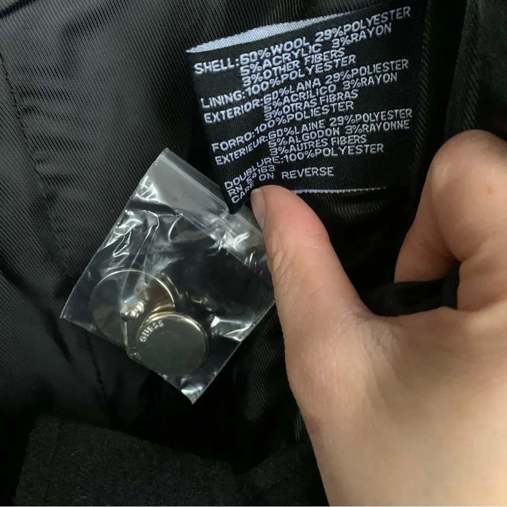 Guess  Wool Blend Black Coat Silver Hardware Belted Single Breasted Medium - Image 8