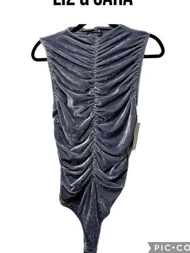 Mauve Liz & Sara Sleeveless Velour velvet ruched gray Bodysuit Size L NWT Size L - Image 2
