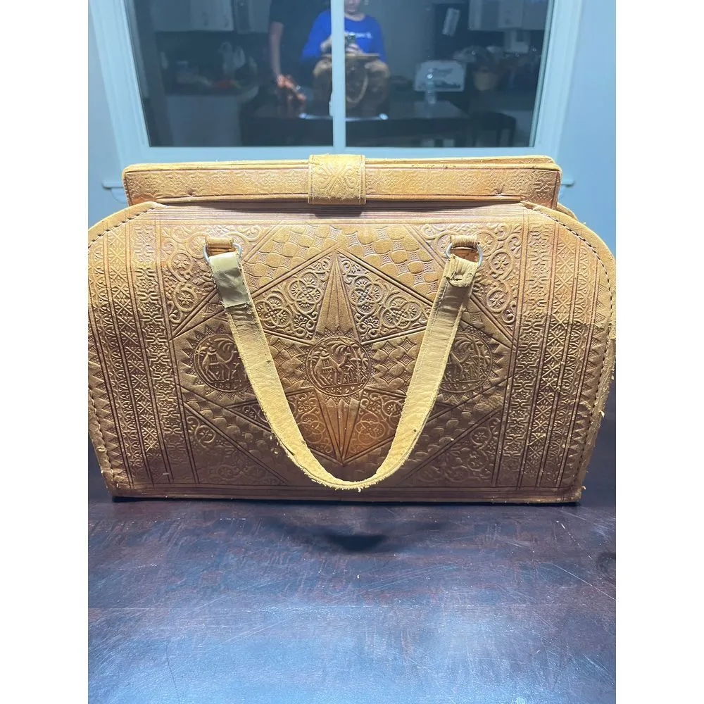 Vintage Tooled Leather Satchel Handbag Boho Chic Floral Embossed Crossbody Purse - Image 8