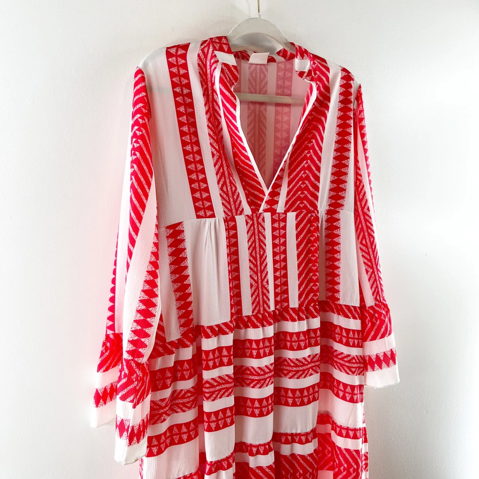 Silk & Salt V Neck Aztec Long Sleeve Midi Dress Red White Medium - Image 6