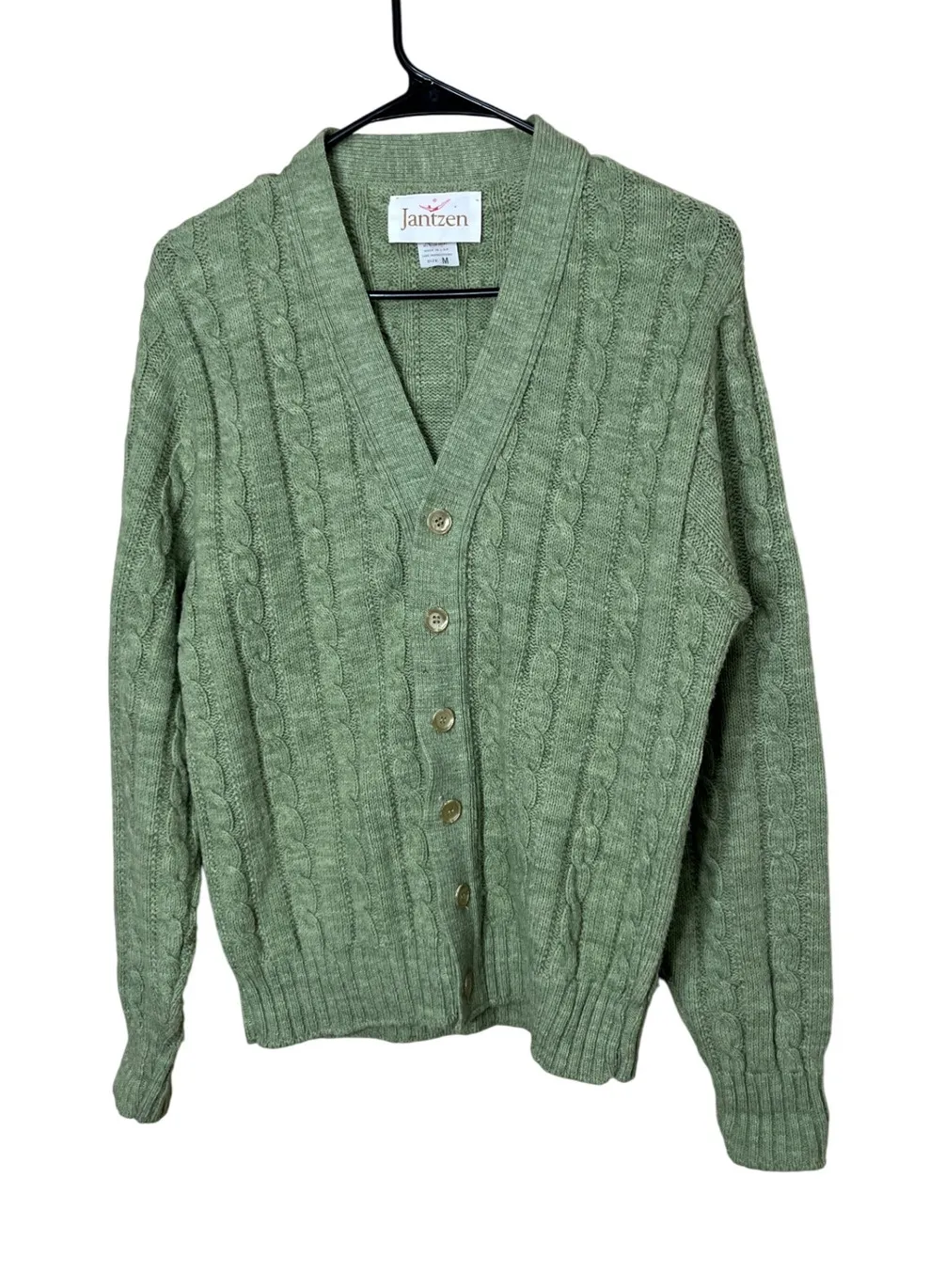 Vintage Jantzen Green Cable Knit Cardigan Sweater Medium V-Neck Button Front - Image 1
