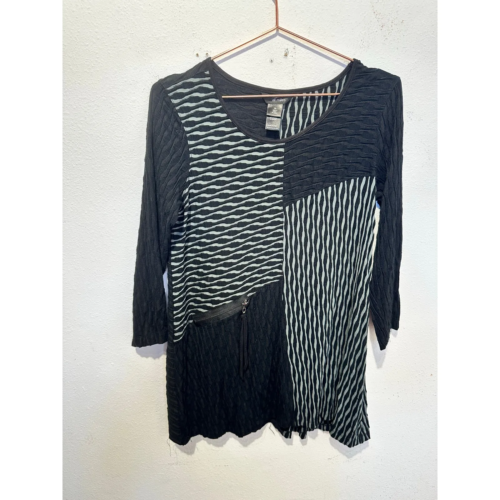 ALI MILES Black Gray Textured Lagenlook Layered Patchwork Striped Shirt size M Size M - Image 2