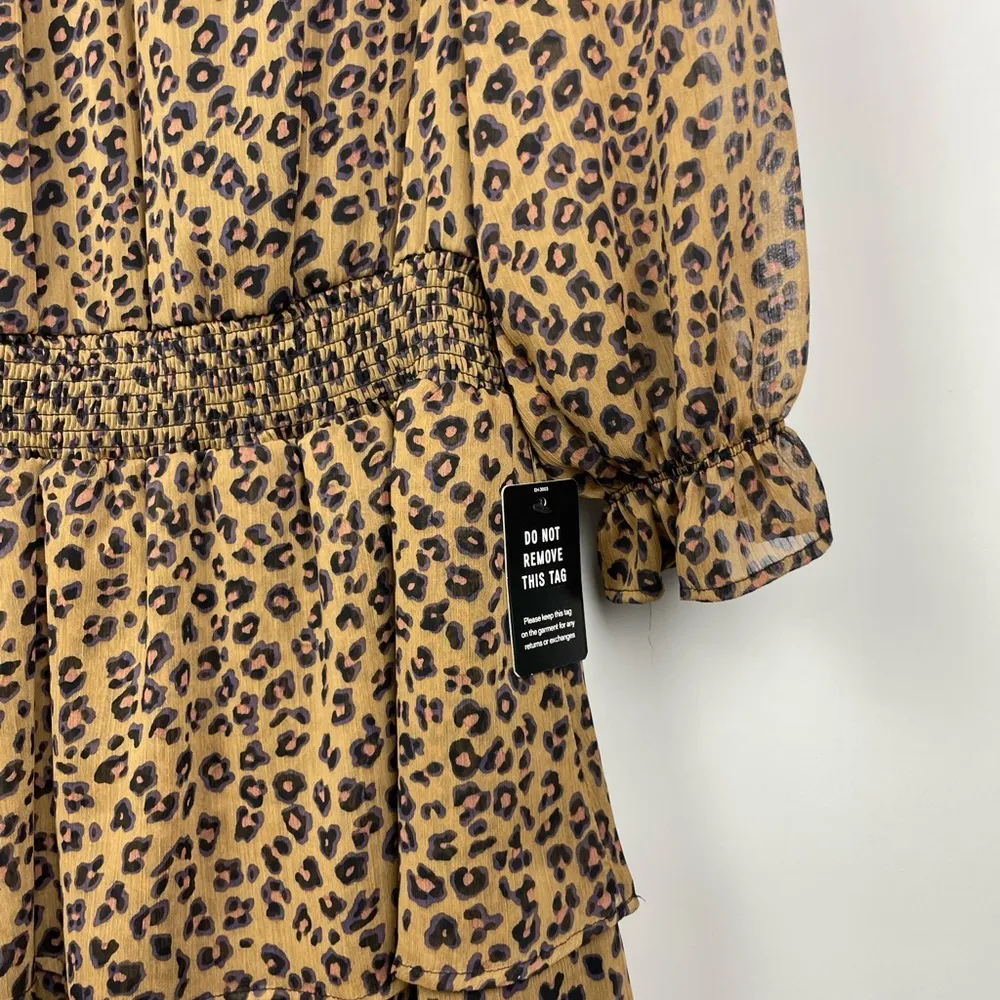 Express Brown Cheetah Print Smocked Mock Neck Tiered‎ Ruffle Mini Dress - Image 5