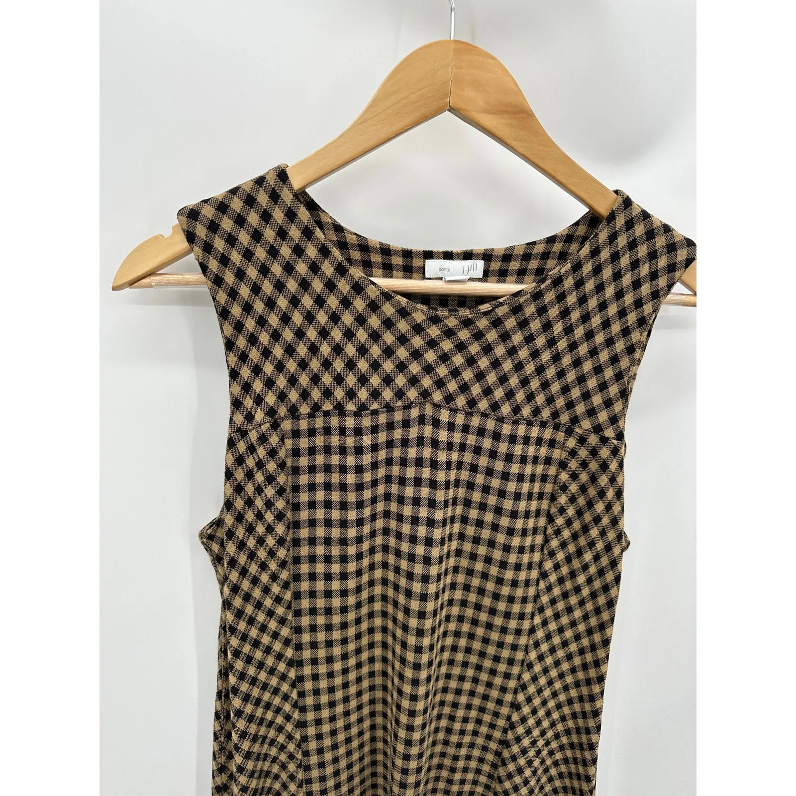 J Jill Ponte Gingham Midi Dress Size S Lagenlook Picnic Neutral Capsule Stretch Black - Image 3