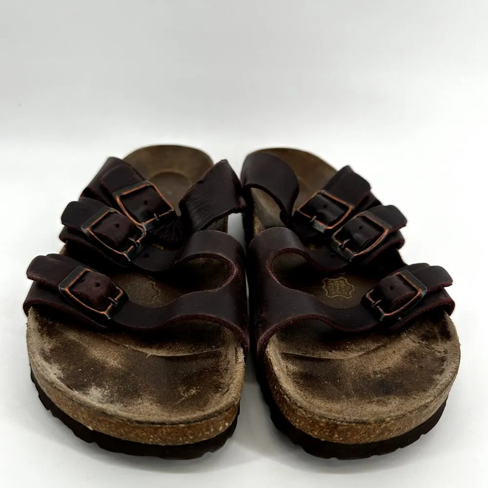 Birkenstock Florida Soft Footbed Sandals Three Straps Slip On Leather Brown 9 - Image 5