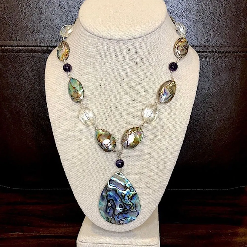 Vintage Abalone Amethyst Crystal Necklace with Abalone Teardrop Pendant - Image 2