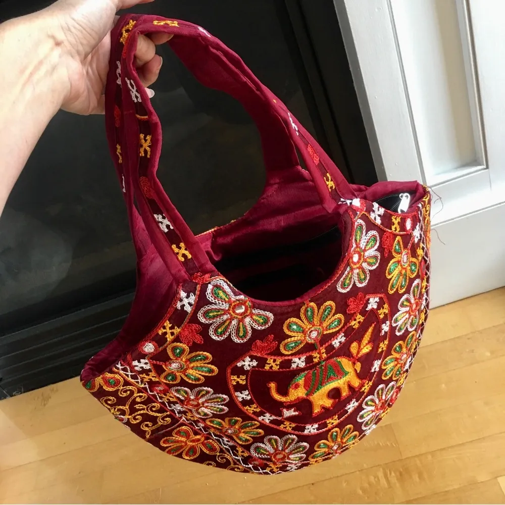 Embroidered Elephant Zipper Velvet Handbag, Maroon, Burgundy, Gold, Yellow Red - Image 14