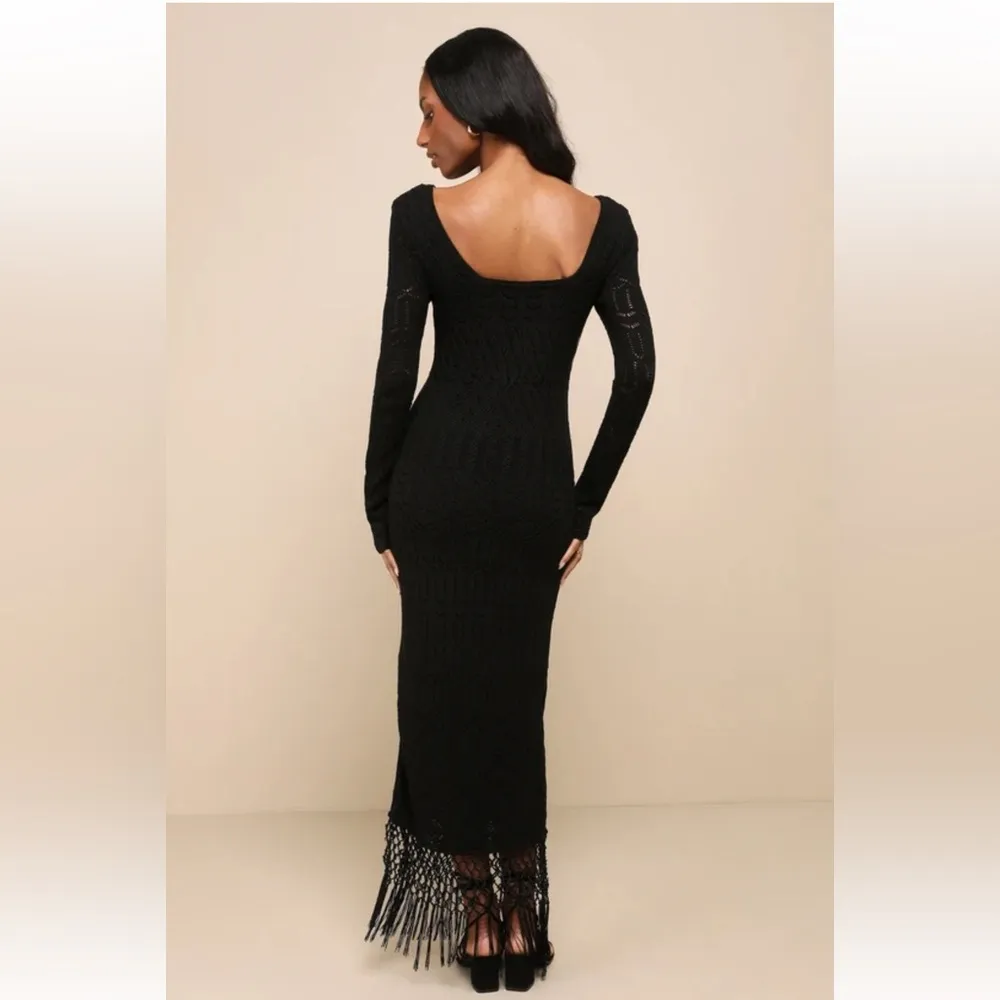 Lulu’s Chic Favorite Black Crochet Fringe Sweater Maxi Dress - Image 2