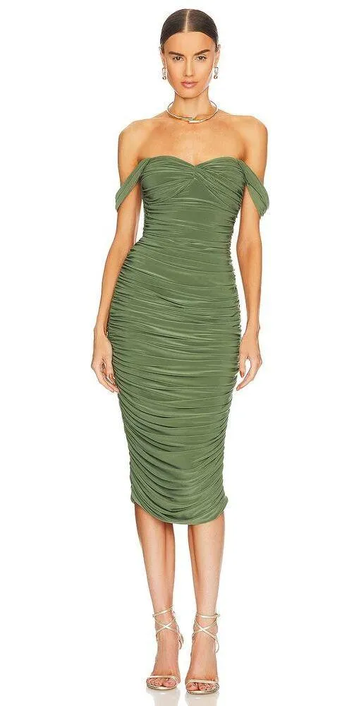 Norma Kamali Walter Midi Dress Green XL NWT Off Shoulder Ruched Elegant - Image 2