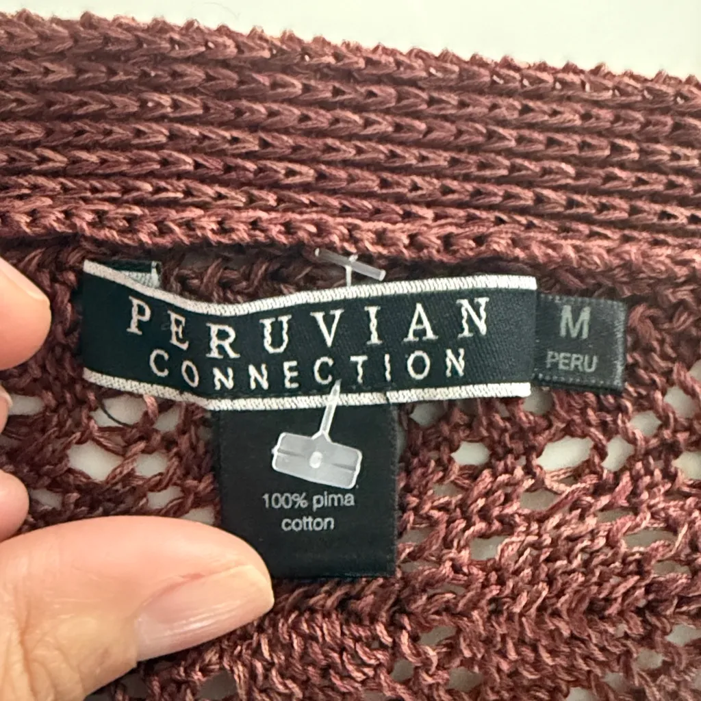 Peruvian Connection Chocolate Knit Sweater Medium Cardigan Waterfall Front - Image 4
