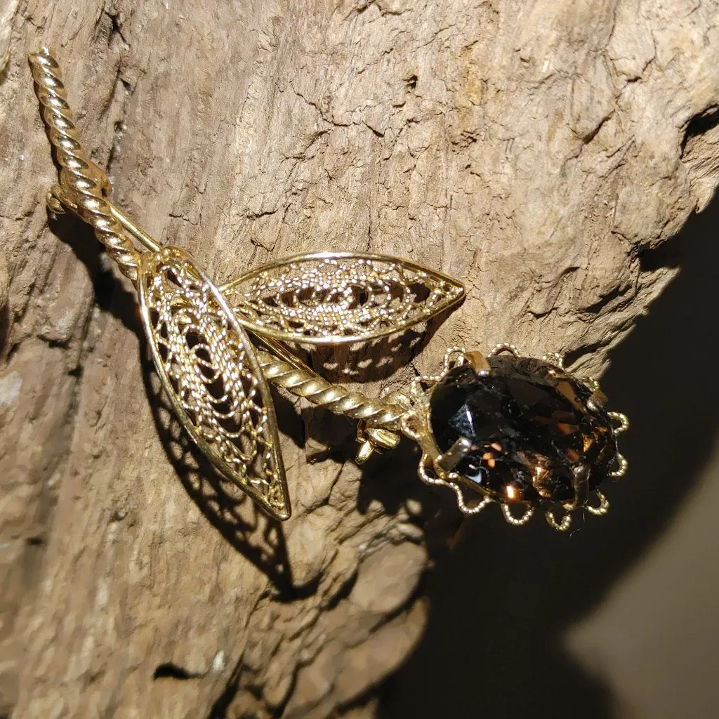 Smokey Quartz Floral Brooch Gilt Filigree Leaf Design Vintage Natural Gemstone Gold Size 2 - Image 2
