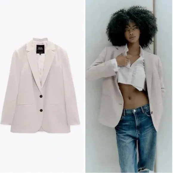Zara STRAIGHT BLAZER JACKET Beige Size XL NEW - Image 2