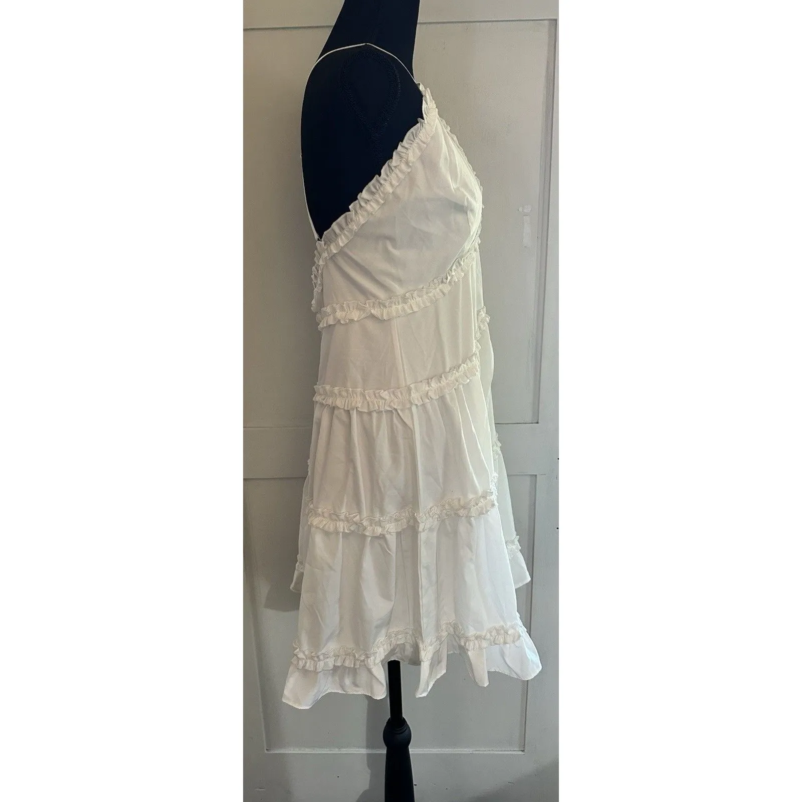 Papaya White Ruffled Tiered Romeo Mini Dress Adjustable Strap Zip Up V Neck Sz M - Image 2