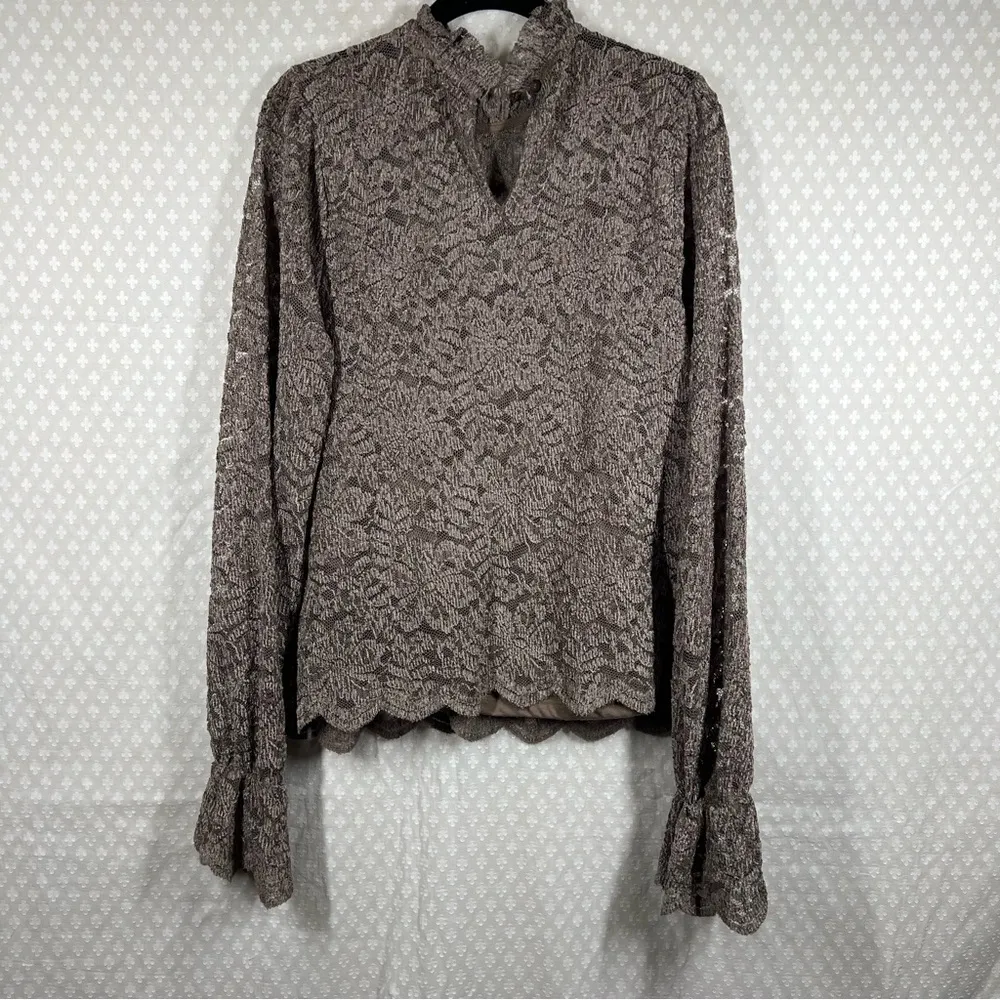 Anthropologie Eri‎ + Ali Brown Floral Velvet Eyelet Mock Neck Top - Image 2