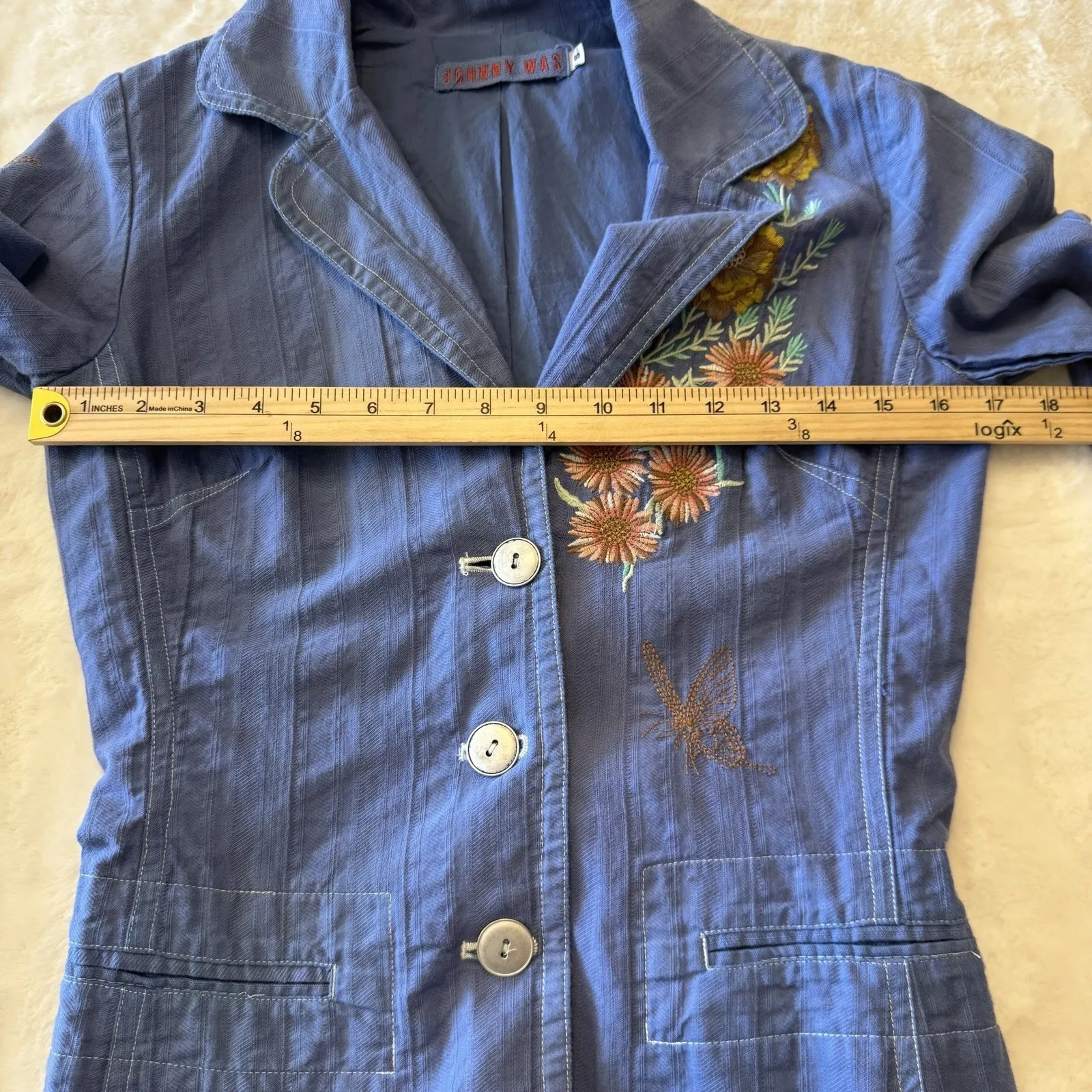 JOHNNY WAS Blue Floral Embroidered Jacket Button Small Boho Whimsy - Image 7
