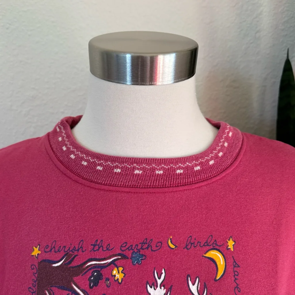 Vintage Deer Nature Graphic Sweatshirt L 90s Outdoors Cozy Cottagecore Pink Size L - Image 9