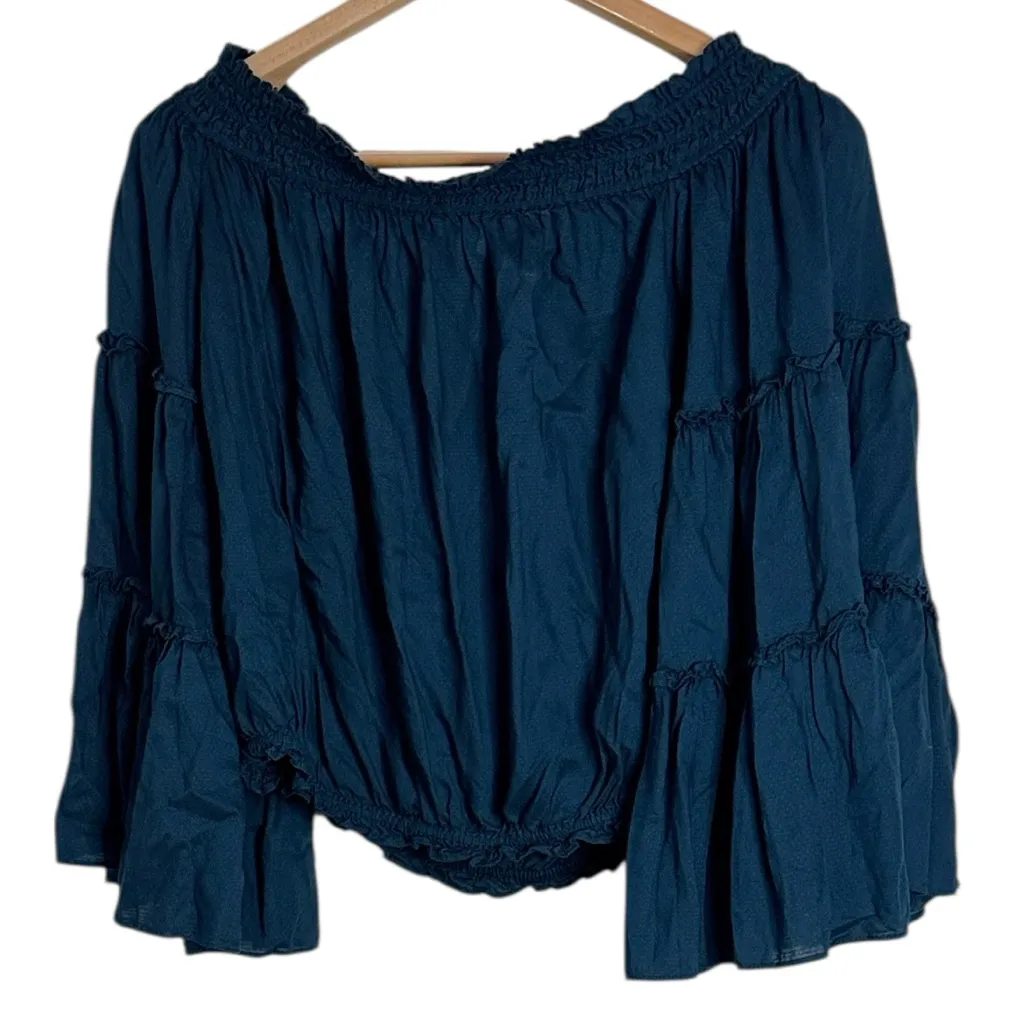 Free People Free Spirit Midnight Blue Textured Ruffled Bell Sleeve Blouse size S - Image 2