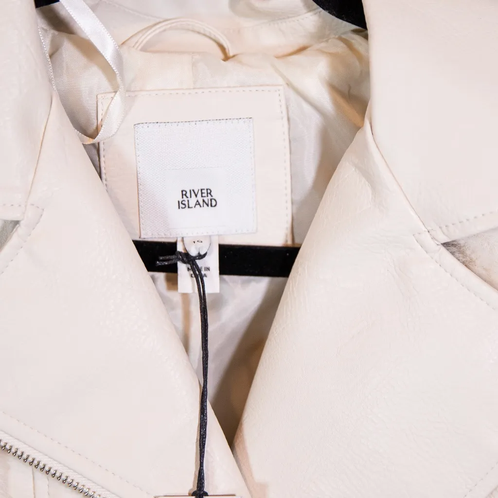 NEW River Island Faux Vegan Fur Leather Panel Comfort Layer Puffer Jacket Stone - Image 2