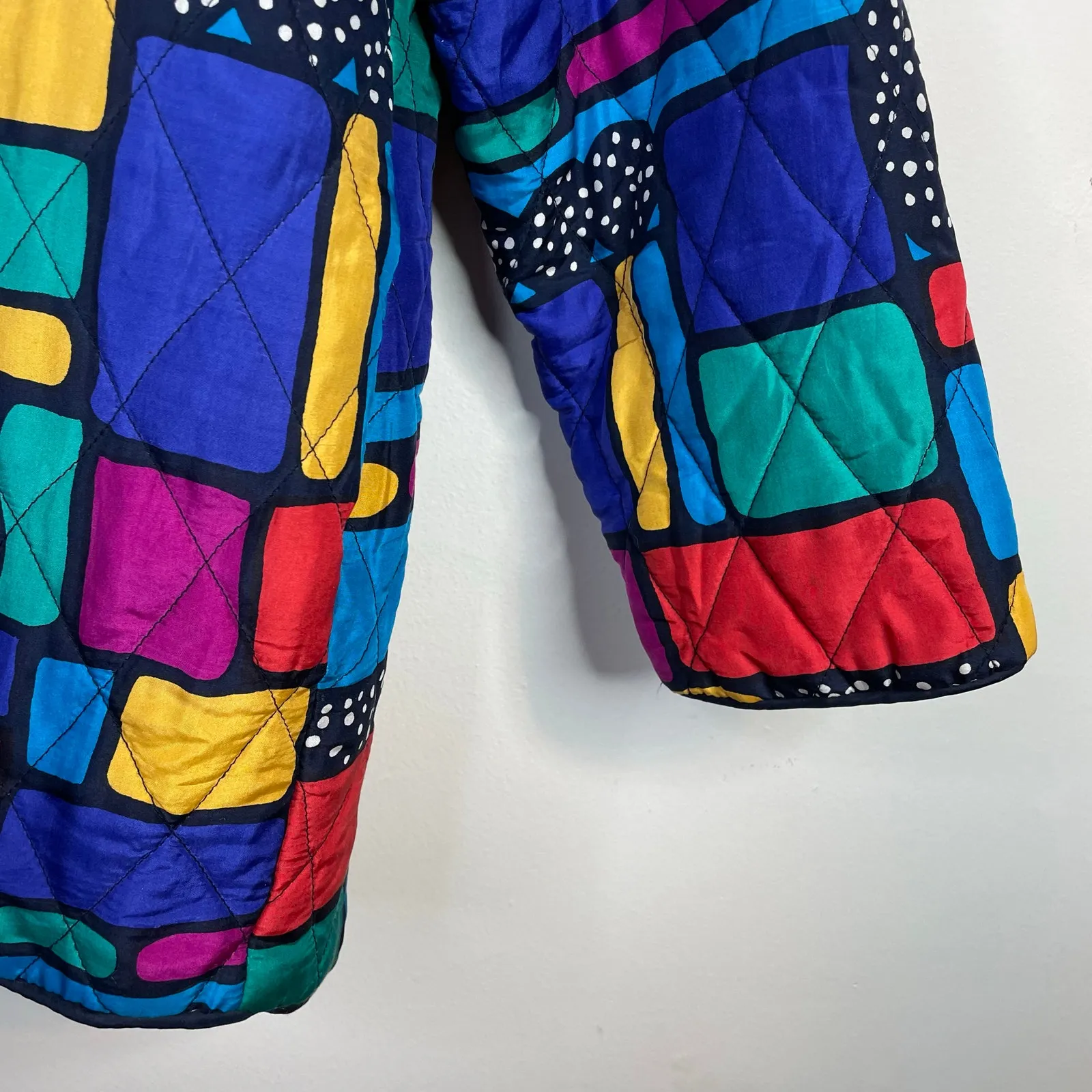 Vintage Rhoda Lynne Quilted Silk Open Jacket 90s Colorful Oversized Womens S Blue - Image 7