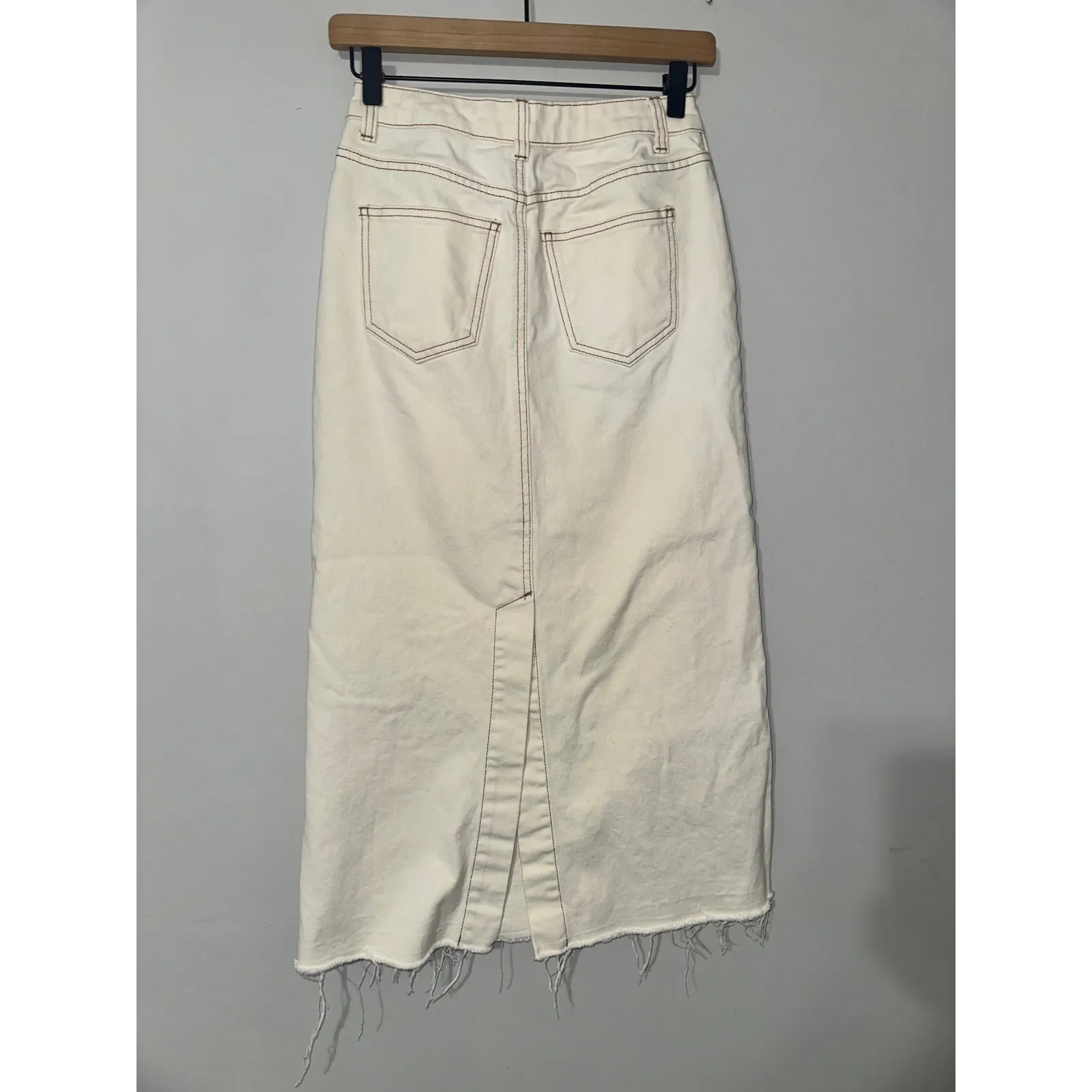 Future Collective Reese Blutstein Cream Denim Midi Skirt Raw Hem Women's Size 00 - Image 4