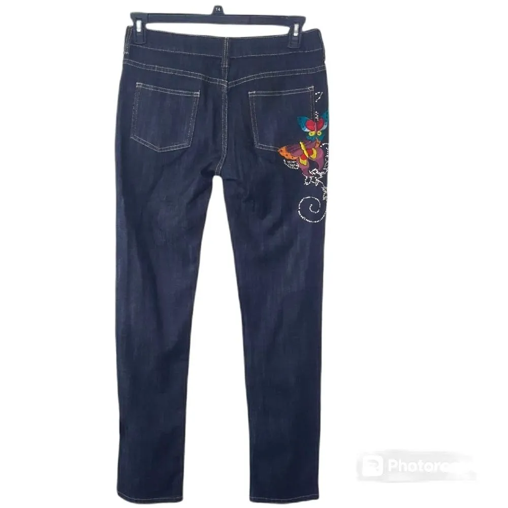 Sour N Cream Y2K Bedazzled Embroidered Straight Leg Jeans Vintage Size 7/8 Blue - Image 2