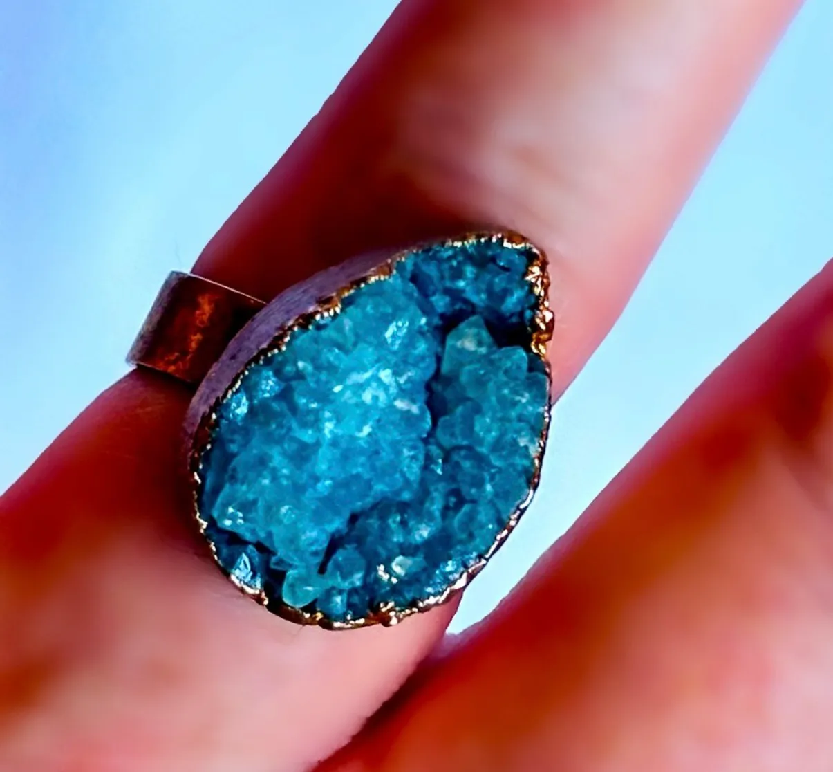 Size 6.5 7 7.5 Teal Blue Gem Aqua Druzy Crystal Fine Original Art Ring Freeform Gemstone UNISEX Solid Metal Plated Gold Filled Rustic Free Form - Image 10