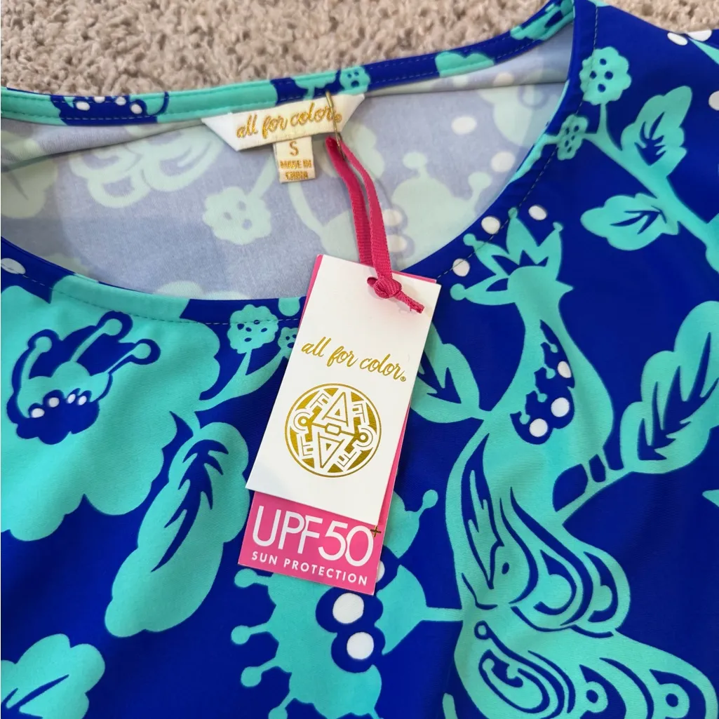All For Color UPF50 Birds of a Feather Sun Dress Small Blue Aqua Resort Travel - Image 5