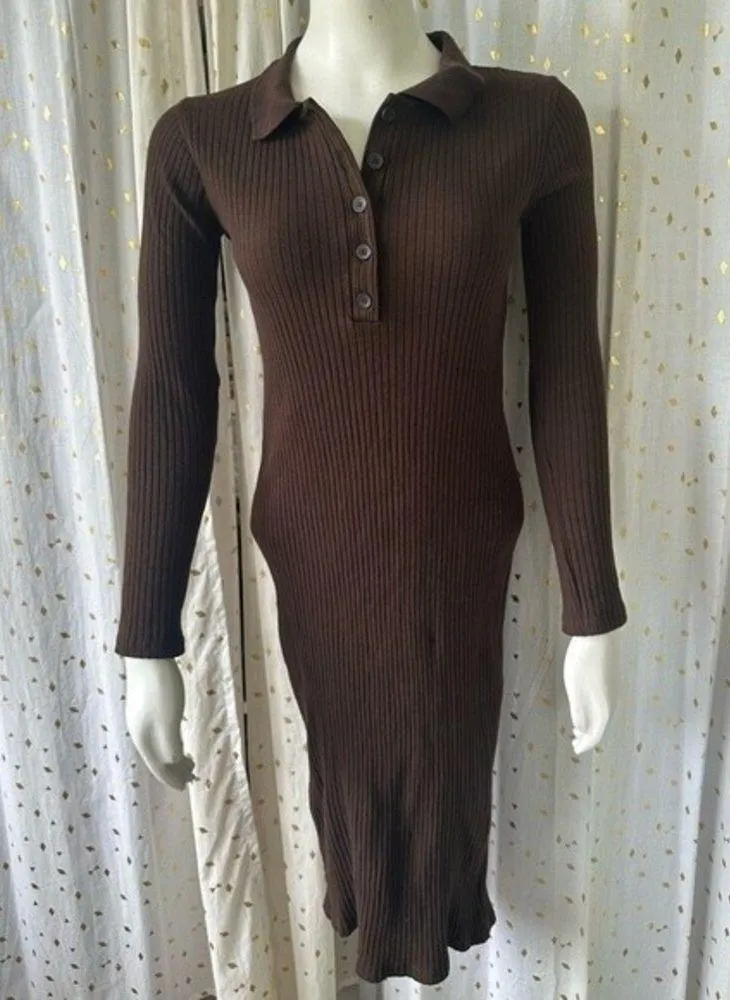 Zara Women's Bodycon Fitted Ribbed Knit Polo Chocolate Brown Dress Size S - Image 3