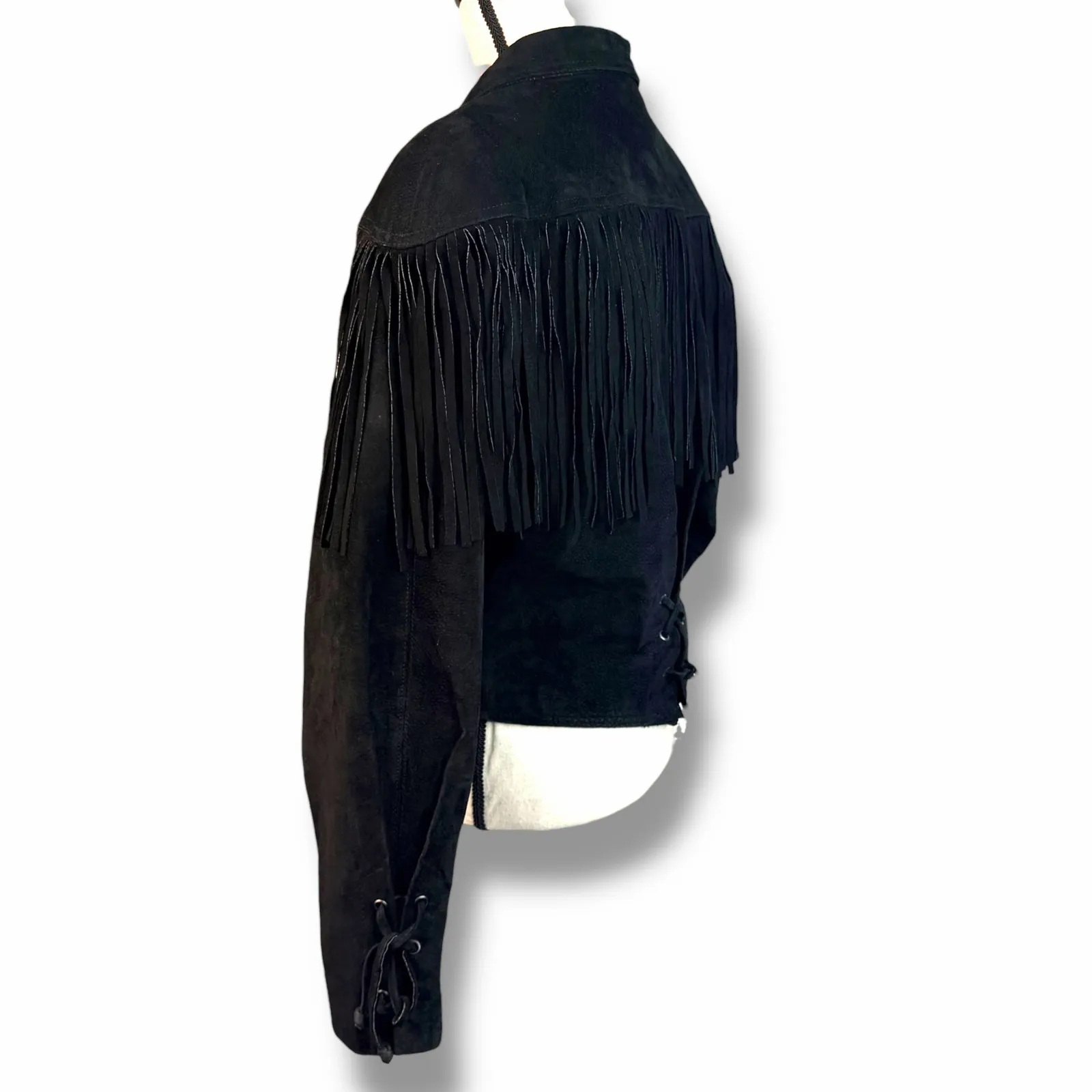 Wilsons Leather Suede Fringe Jacket Boho Western Cowgirl Cropped Black Medium - Image 9