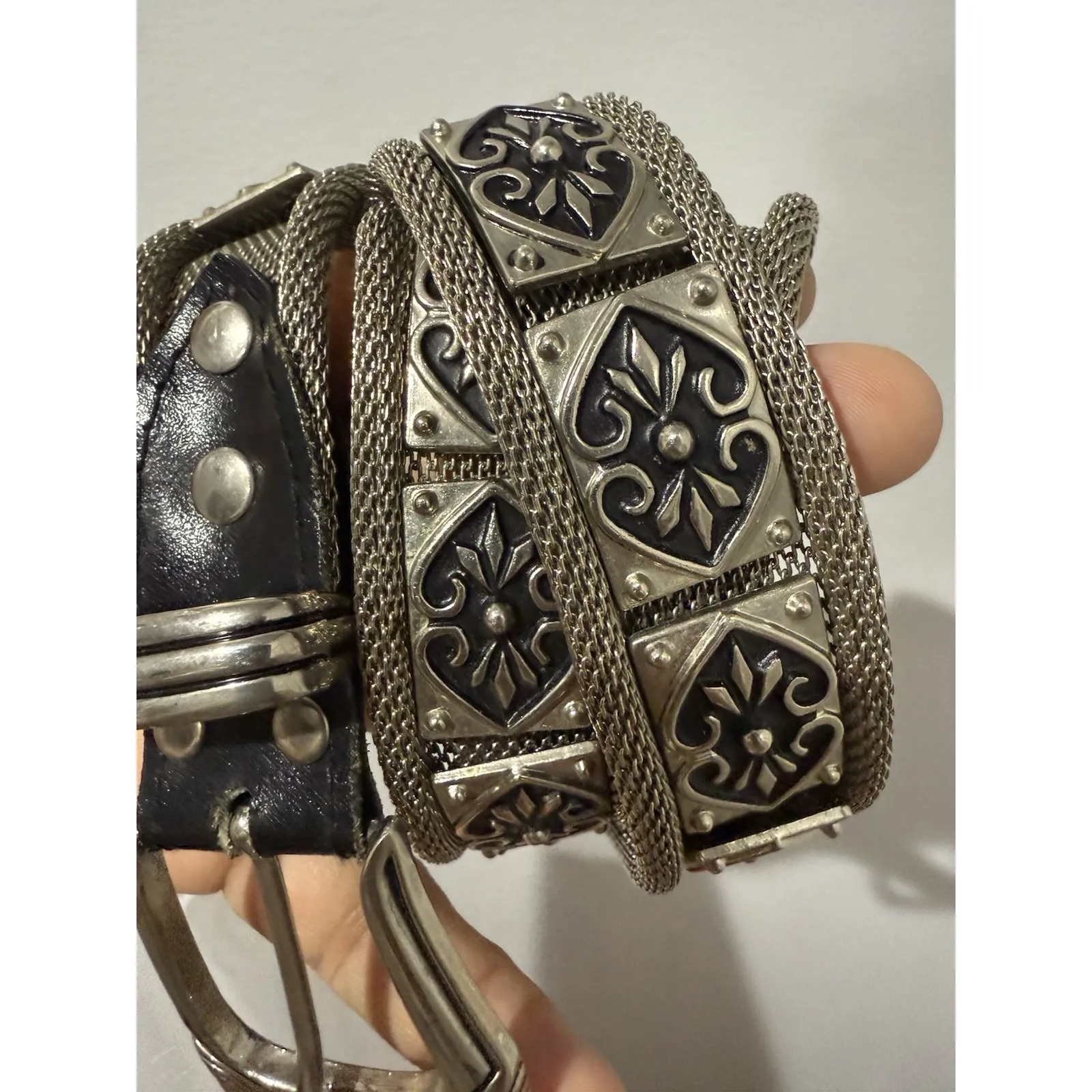 Vintage Chainmail Belt Woven Metal Decorated With Concho Sz 32 37" Western‎ Black - Image 2