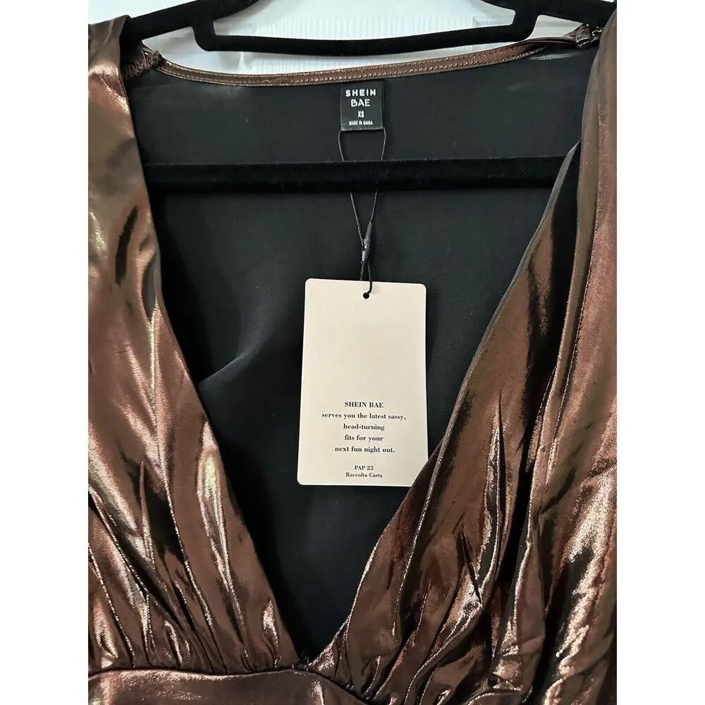 SHEIN BAE Rynkad Enkel Party Dress Size XS Golden Brown Ruched Metallic Dress - Image 5