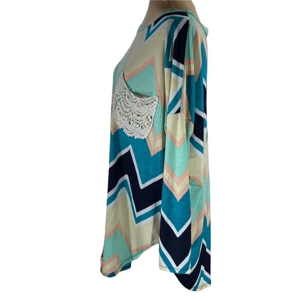 Auditions Chevron Tunic Crochet Pocket Long Sleeve Crewneck Teal Peach Cream M - Image 2