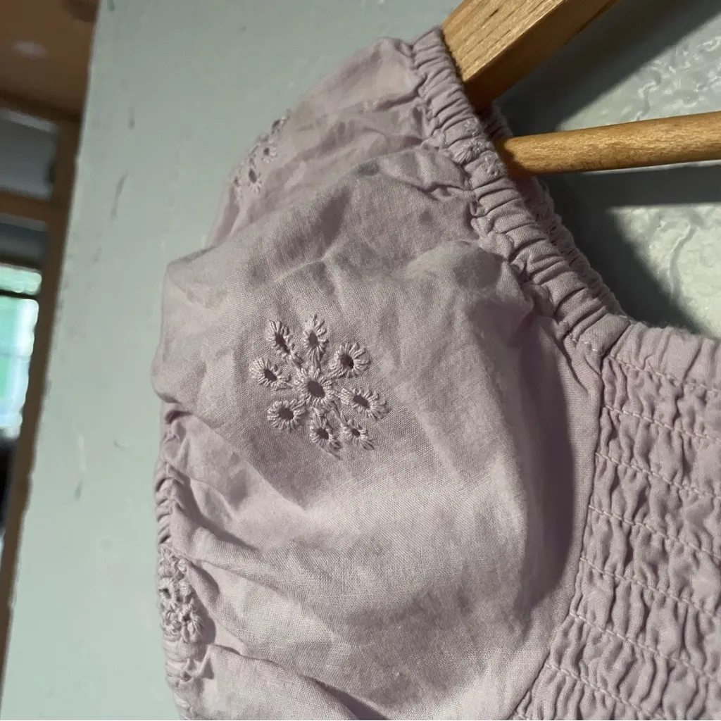 Romantic Soft Girl Lavender Puff Sleeve Crop Eyelet Blouse 100% Cotton Medium - Image 6