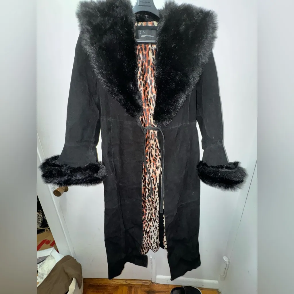 Vintage Y2K Moda International Black Suede Long Coat Penny Lane Afghan Medium - Image 3