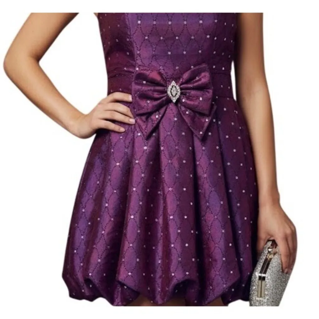 Strapless Bubble Hem Cocktail Mini Dress Purple Taffeta 5/6 Hoco Prom Black Tie - Image 2
