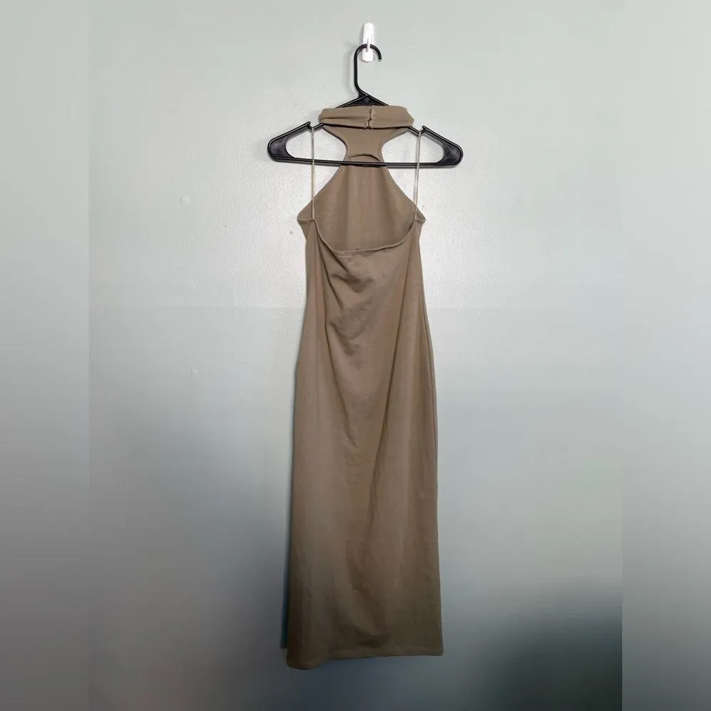 Zara Olive Green Halter High Neck Midi Cotton Bodycon Dress SZ L - Image 7
