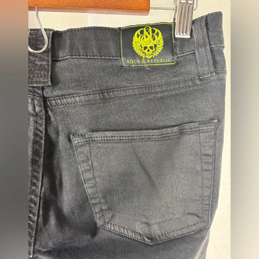 Rock and Republic Banshee Jeans Black Neon Green Waxed GUC Size 8 - Image 7