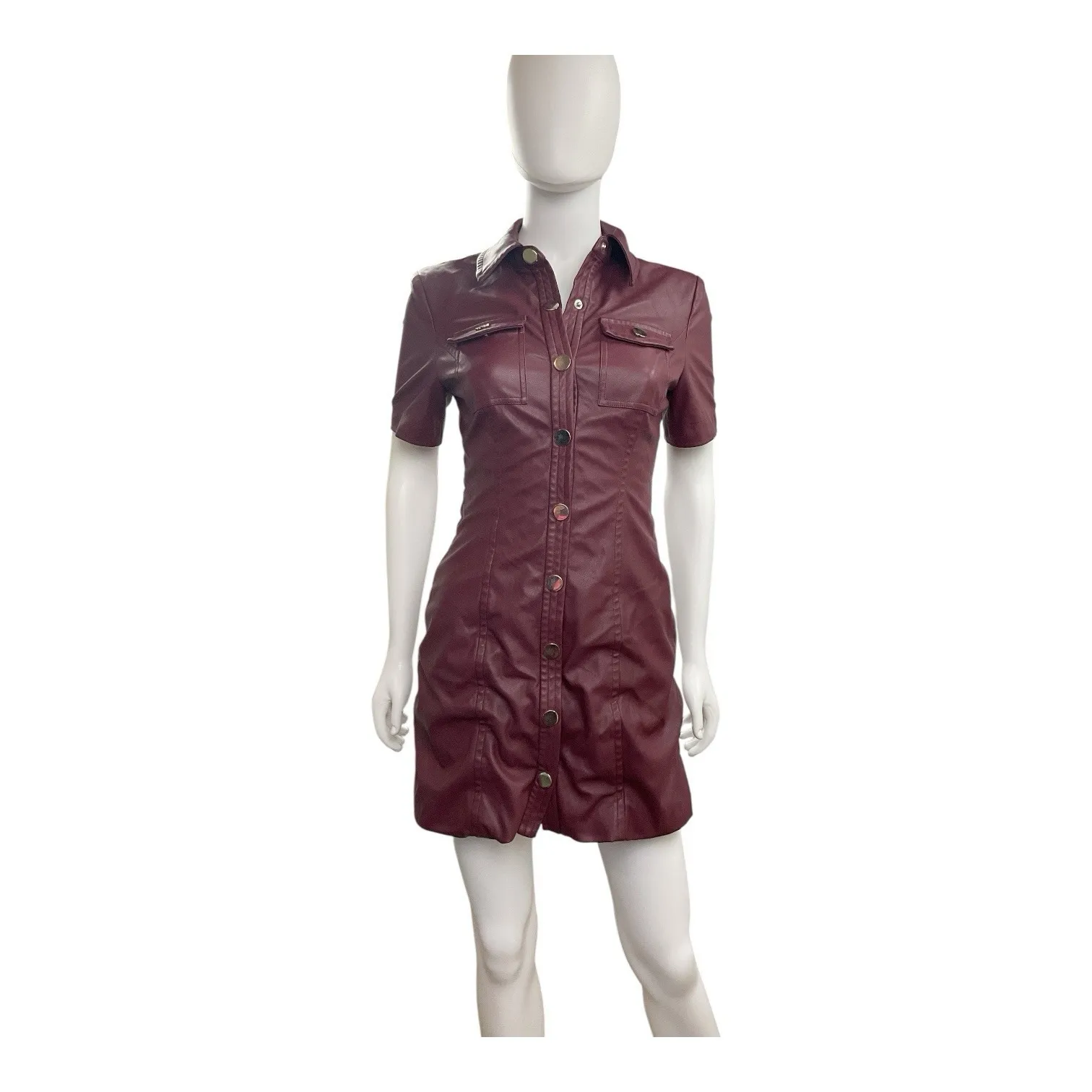 TOCCIN Burgundy Faux Leather Short‎ Sleeve Dress Snap Front Mini Vegan Sz 2 Red - Image 4