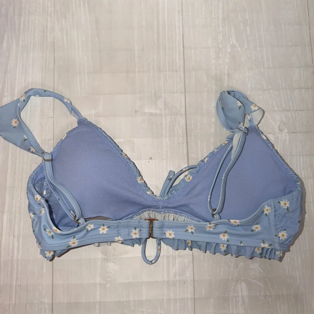Hollister Blue Floral Daisy Bikini Top XS Ruffle Trim Tie Front Swimwear - Image 4