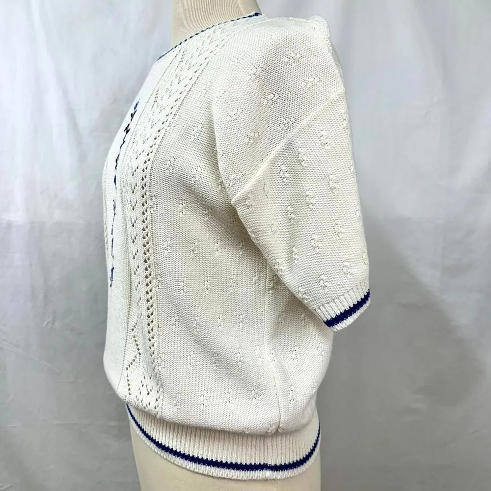 CAPE COD SPORTSWEAR 80s Vintage Cream Blue Floral Embroidered Knit Sweater Sz M Size M - Image 3