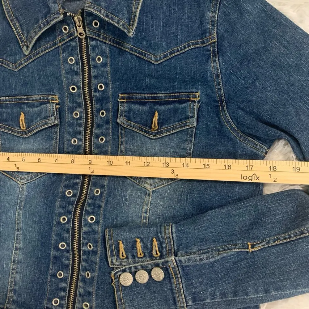 Denim Jean Jacket Eyelet Detail Ladies Sz XL Buttons Moto Blue - Image 6