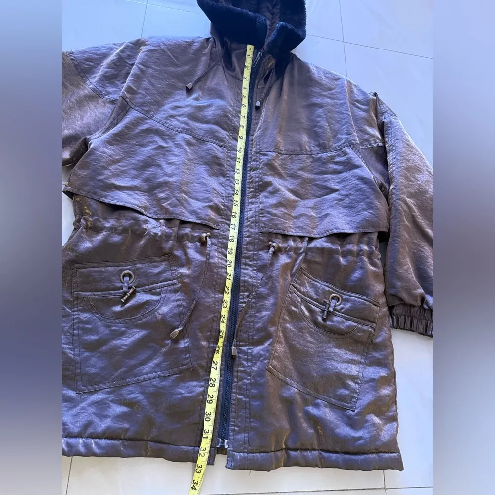 Sarah Morgan Vintage Winter Coat Women's hoodie pocket full zipper brown black L Size L - Image 7