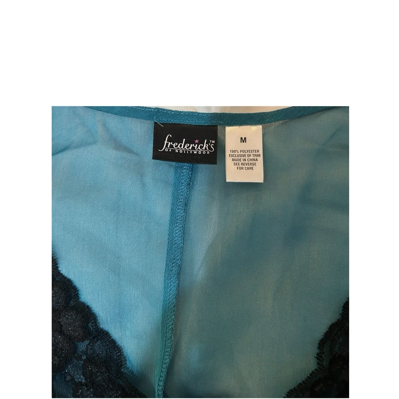 Frederick's Of Hollywood Sheer‎ Lace Tie Front Top Size M Teal Black Blouse Y2K - Image 4