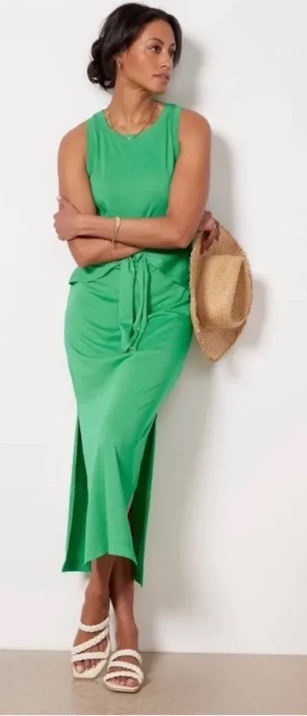Michael Stars Solange Green Maxi Tank Dress Knot Tie Front Slit Size Medium - Image 1