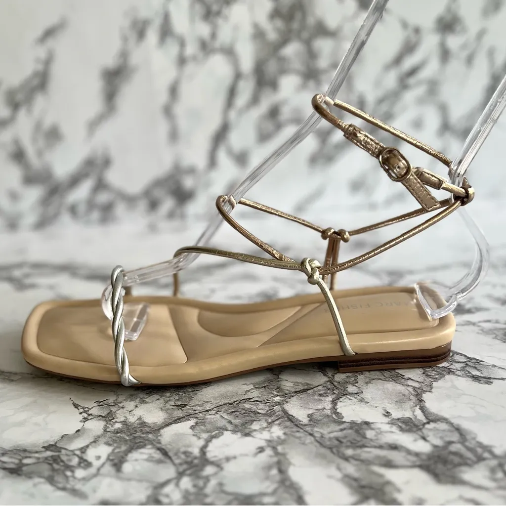 Marc Fisher Lueth Strappy Sandals 7.5 Metallic Gold Silver Ankle Wrap Flat NEW - Image 9